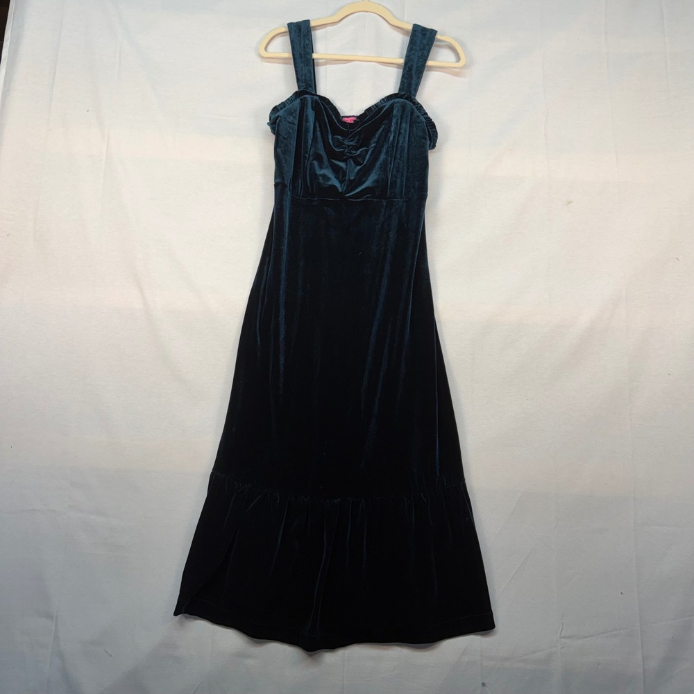 Betsey Johnson Deep Green Velvet Midi Dress Sweetheart Ruffle Tiered  Womens M